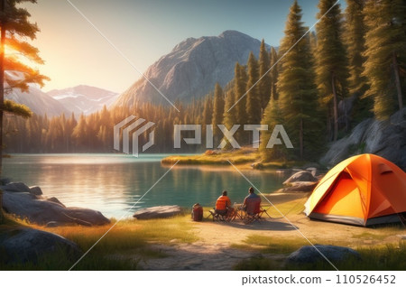 Wild river with orange tent near the shore at the sunset or sunrise. enjoying the wild nature, therapy being alone, vacations on nature. Spring camping site with one orange tent near summer lake.. AI Wild river with orange tent near the shore at the sunset or sunrise. enjoying the wild nature, therapy being alone, vacations on nature. Spring camping site with one orange tent near summer lake.. AI 110526452