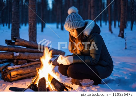 young traveler hiker women hands warm by the fire. She sit near the flame. Caucasian woman warms hands near small bonfire at winter wilderness evening. Travel, Survival, lifestyle concept.. AI young traveler hiker women hands warm by the fire. She sit near the flame. Caucasian woman warms hands near small bonfire at winter wilderness evening. Travel, Survival, lifestyle concept.. AI 110526472