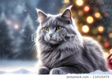 A fluffy gray cat sitting in the snow on Christmas eve. New year greeting card concept. AI A fluffy gray cat sitting in the snow on Christmas eve. New year greeting card concept. AI 110526474