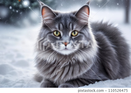 A fluffy gray cat sitting in the snow on Christmas eve. New year greeting card concept. AI A fluffy gray cat sitting in the snow on Christmas eve. New year greeting card concept. AI 110526475