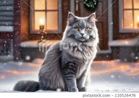 A fluffy gray cat sitting in the snow on Christmas eve. New year greeting card concept. AI 110526476