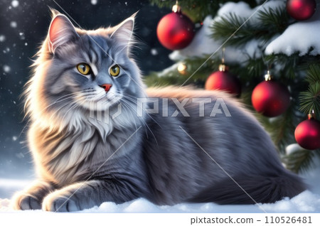 A fluffy gray cat sitting in the snow on Christmas eve. New year greeting card concept. AI A fluffy gray cat sitting in the snow on Christmas eve. New year greeting card concept. AI 110526481