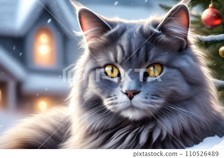 A fluffy gray cat sitting in the snow on Christmas eve. New year greeting card concept. AI A fluffy gray cat sitting in the snow on Christmas eve. New year greeting card concept. AI 110526489