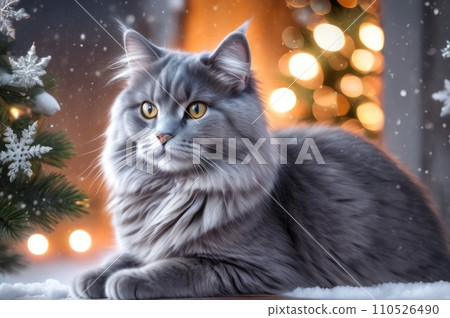 A fluffy gray cat sitting in the snow on Christmas eve. New year greeting card concept. AI 110526490