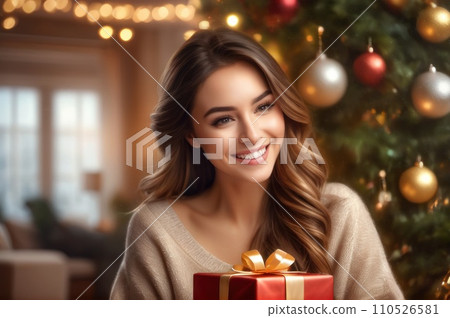 Curious happy romantic woman standing against Christmas tree background. Cheerful lady surprised of the present before the opening in the gift box. Marry Christmas and Happy Holidays. AI Curious happy romantic woman standing against Christmas tree background. Cheerful lady surprised of the present before the opening in the gift box. Marry Christmas and Happy Holidays. AI 110526581