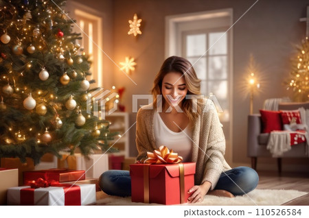 Curious happy romantic woman standing against Christmas tree background. Cheerful lady surprised of the present before the opening in the gift box. Marry Christmas and Happy Holidays. AI Curious happy romantic woman standing against Christmas tree background. Cheerful lady surprised of the present before the opening in the gift box. Marry Christmas and Happy Holidays. AI 110526584