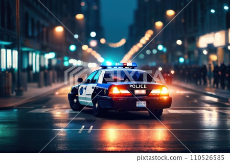 night police car lights in city. AI night police car lights in city. AI 110526585