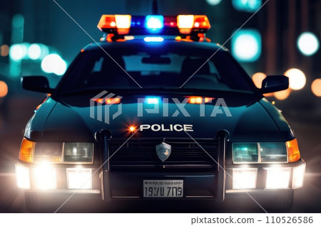 night police car lights in city. AI night police car lights in city. AI 110526586