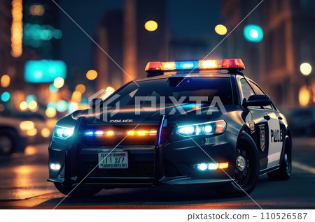 night police car lights in city. AI night police car lights in city. AI 110526587