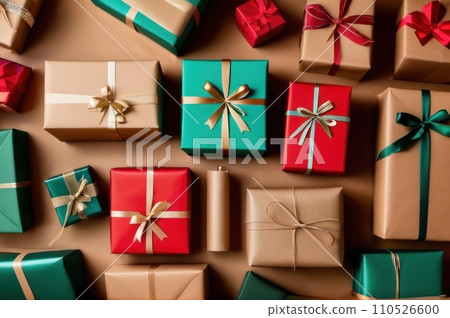 Winter Holidays Concept, Christmas Gifts Wrapped in Craft Paper with Red and Golden Ribbon, Top View. Overhead view of many Christmas presents wrapped with craft paper on paper surface. AI Winter Holidays Concept, Christmas Gifts Wrapped in Craft Paper with Red and Golden Ribbon, Top View. Overhead view of many Christmas presents wrapped with craft paper on paper surface. AI 110526600