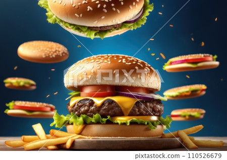 Maxi hamburger with flying ingredients placed on blue sky background. Conceptual jumping Burger. Delicious and attractive hamburger with refreshing ingredients. Exploding burger. AI 110526679