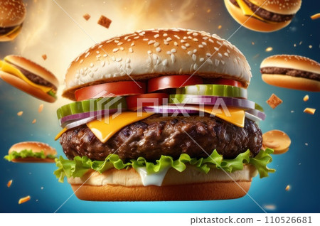 Maxi hamburger with flying ingredients placed on blue sky background. Conceptual jumping Burger. Delicious and attractive hamburger with refreshing ingredients. Exploding burger. AI 110526681