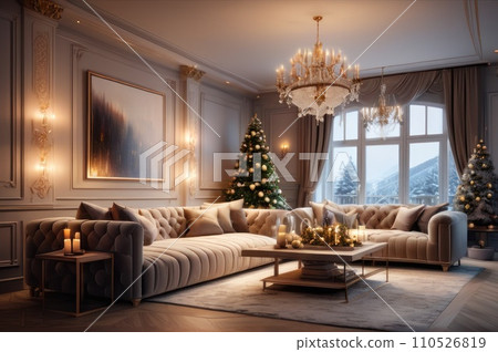 A cozy living room lighted with numerous lights decorated ready to celebrate Christmas. Christmas room interior design, Xmas tree decorated by lights, candles and garland lighting indoors fireplace. 110526819