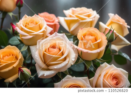 bouquet of roses at rainy funeral cemetery with bokeh. AI bouquet of roses at rainy funeral cemetery with bokeh. AI 110526820