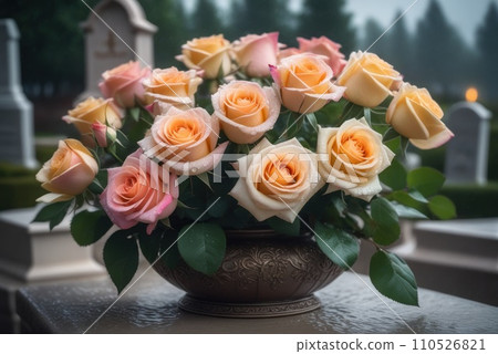 bouquet of roses at rainy funeral cemetery with bokeh. AI 110526821