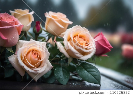 bouquet of roses at rainy funeral cemetery with bokeh. AI bouquet of roses at rainy funeral cemetery with bokeh. AI 110526822