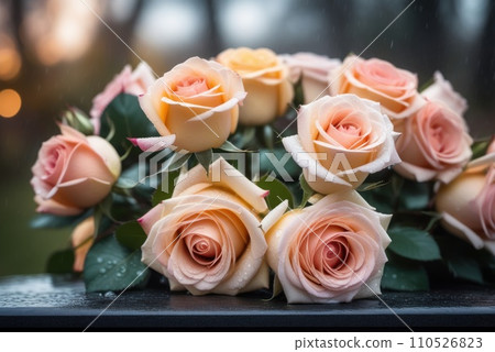 bouquet of roses at rainy funeral cemetery with bokeh. AI 110526823