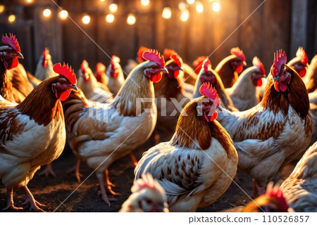 Multi-colored Hens waiting for the morning food. Chickens feeding time. Concept image for organic chicken industry, countryside, farms, food, hen eco farming, lifestock, rooster. AI Multi-colored Hens waiting for the morning food. Chickens feeding time. Concept image for organic chicken industry, countryside, farms, food, hen eco farming, lifestock, rooster. AI 110526857