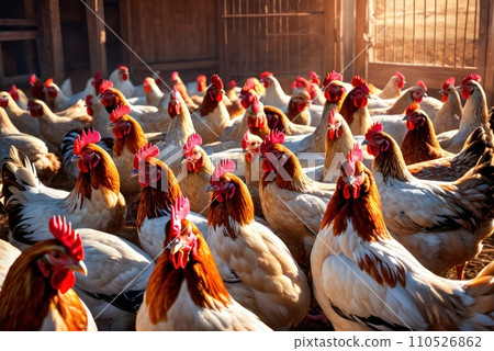 Multi-colored Hens waiting for the morning food. Chickens feeding time. Concept image for organic chicken industry, countryside, farms, food, hen eco farming, lifestock, rooster. AI Multi-colored Hens waiting for the morning food. Chickens feeding time. Concept image for organic chicken industry, countryside, farms, food, hen eco farming, lifestock, rooster. AI 110526862