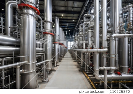 Equipment and piping inside of modern industrial petrochemical power plant for gas or oil industry. Oil refinery plant from industry, pipe line steel close up. AI 110526870