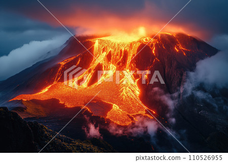 close view of a volcanic eruption with lava flows close view of a volcanic eruption with lava flows 110526955