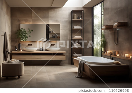Bathroom with sleek surfaces and a minimalistic design, emphasizing simplicity and tranquility Bathroom with sleek surfaces and a minimalistic design, emphasizing simplicity and tranquility 110526998