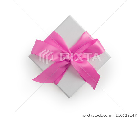 Top view of white paper present box with pink ribbon isolated on white background Top view of white paper present box with pink ribbon isolated on white background 110528147