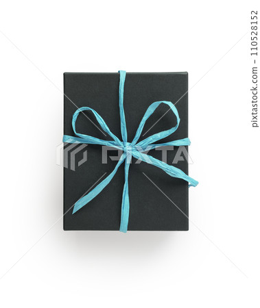 Top view of black gift box with azure paper ribbon isolated on white background Top view of black gift box with azure paper ribbon isolated on white background 110528152