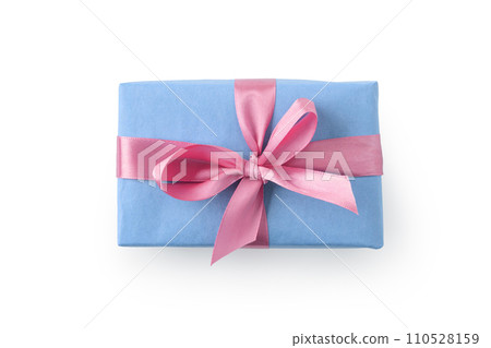 Top view of blue gift box with pink ribbon bow isolated on white background Top view of blue gift box with pink ribbon bow isolated on white background 110528159