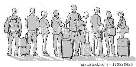 Illustration of people, passengers waiting, standing in line in black and white Illustration of people, passengers waiting, standing in line in black and white 110528426