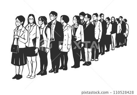 Illustration of people, passengers waiting, standing in line in black and white 110528428