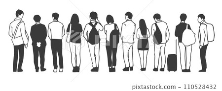 Illustration of people, passengers waiting, standing in line in black and white 110528432