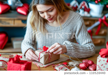 AI-generated content. Valentine's Bliss: Young Woman Adorning Gift with Heartfelt Decor 110528440