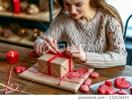 AI-generated content. Yuletide Gifting: Tying a Red Ribbon on a Cozy Christmas or S.Valentine's Day Present 110528453