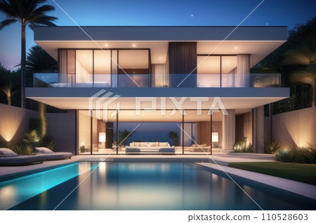 Modern luxury house with a swimming pool at night. Wealth and success concept. AI 110528603