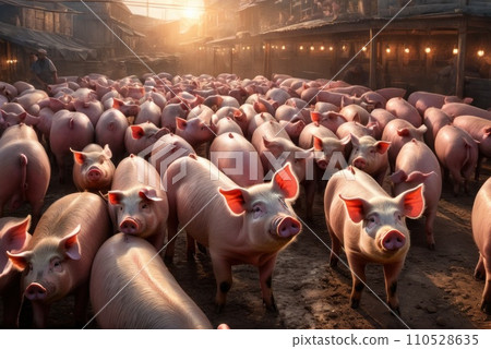 Lots of pigs in animal shed eating, standing and lying. Meat industry concept. Sows waiting to be fed up. AI Lots of pigs in animal shed eating, standing and lying. Meat industry concept. Sows waiting to be fed up. AI 110528635
