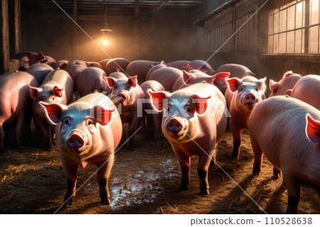 Lots of pigs in animal shed eating, standing and lying. Meat industry concept. Sows waiting to be fed up. AI 110528638