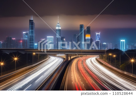 Street traffic in city at night. Office skyscraper buildings and busy traffic on highway road with blurred cars light trails. Multi-lane highway with lights trails and large night city downtown. AI Street traffic in city at night. Office skyscraper buildings and busy traffic on highway road with blurred cars light trails. Multi-lane highway with lights trails and large night city downtown. AI 110528644