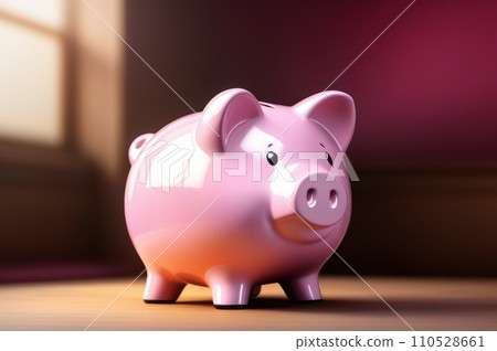 Piggy bank. Pink piggy bank or piggybank on table. Saving concept for save money. Global banking system. Investment your money in business. AI 110528661