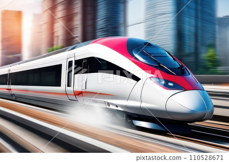 High speed passenger train in motion on the railway station at sunset in a city. Modern intercity train on railway platform with motion blur effect. Urban scene with railroad. Railway transportation. 110528671