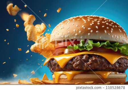 Maxi hamburger with flying ingredients placed on blue sky background. Conceptual jumping Burger. Delicious and attractive hamburger with refreshing ingredients. AI 110528678