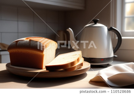 Sliced bread with butter and jam on a plate next to a kettle and jug, kitchen table, early morning, good start of day. AI Sliced bread with butter and jam on a plate next to a kettle and jug, kitchen table, early morning, good start of day. AI 110528686