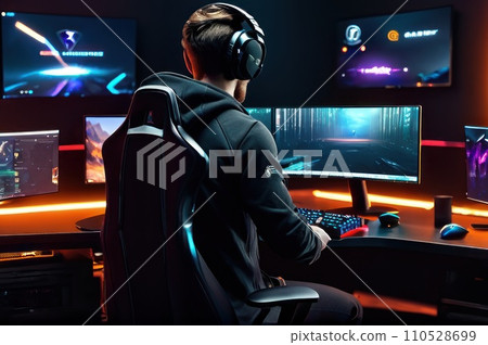 A multi monitor gaming setup with a high-performance gaming computer with RGB lighting, a gamer seated on an ergonomic chair and using a gaming mouse and mechanical keyboard. AI 110528699
