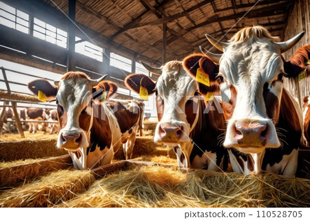 Healthy dairy cows feeding on fodder standing in row of stables in cattle farm barn. Cattle at cowshed eating hay on dairy farm. Concept of farming business and taking care of livestock. AI Healthy dairy cows feeding on fodder standing in row of stables in cattle farm barn. Cattle at cowshed eating hay on dairy farm. Concept of farming business and taking care of livestock. AI 110528705