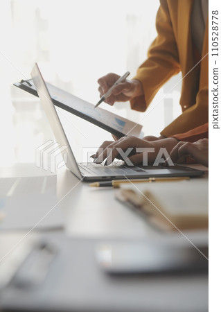 .Team of business people working together in the meeting room office, teamwork background charts and graphs banner, double exposure successful teamwork,business planning concept. 110528778