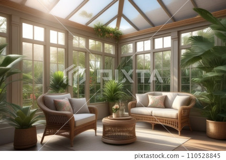 A charming sunroom with wicker furniture, tropical plants, and a view of the garden, botanical decor. AI A charming sunroom with wicker furniture, tropical plants, and a view of the garden, botanical decor. AI 110528845