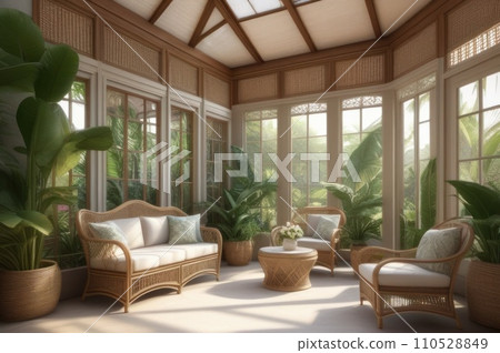 A charming sunroom with wicker furniture, tropical plants, and a view of the garden, botanical decor. AI A charming sunroom with wicker furniture, tropical plants, and a view of the garden, botanical decor. AI 110528849