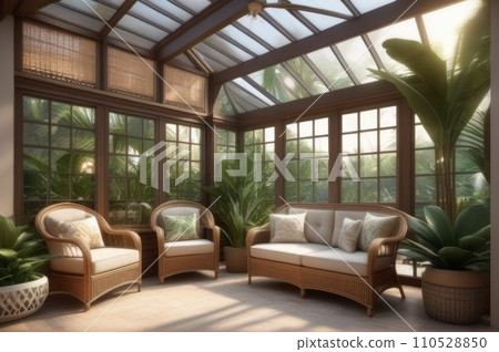A charming sunroom with wicker furniture, tropical plants, and a view of the garden, botanical decor. AI A charming sunroom with wicker furniture, tropical plants, and a view of the garden, botanical decor. AI 110528850