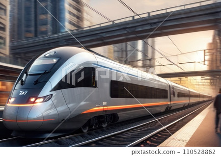 High speed passenger train in motion on the railway station at sunset in a city. Modern intercity train on railway platform with motion blur effect. Urban scene with railroad. Railway transportation. High speed passenger train in motion on the railway station at sunset in a city. Modern intercity train on railway platform with motion blur effect. Urban scene with railroad. Railway transportation. 110528862