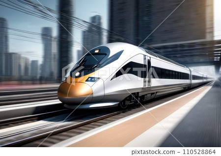 High speed passenger train in motion on the railway station at sunset in a city. Modern intercity train on railway platform with motion blur effect. Urban scene with railroad. Railway transportation. 110528864